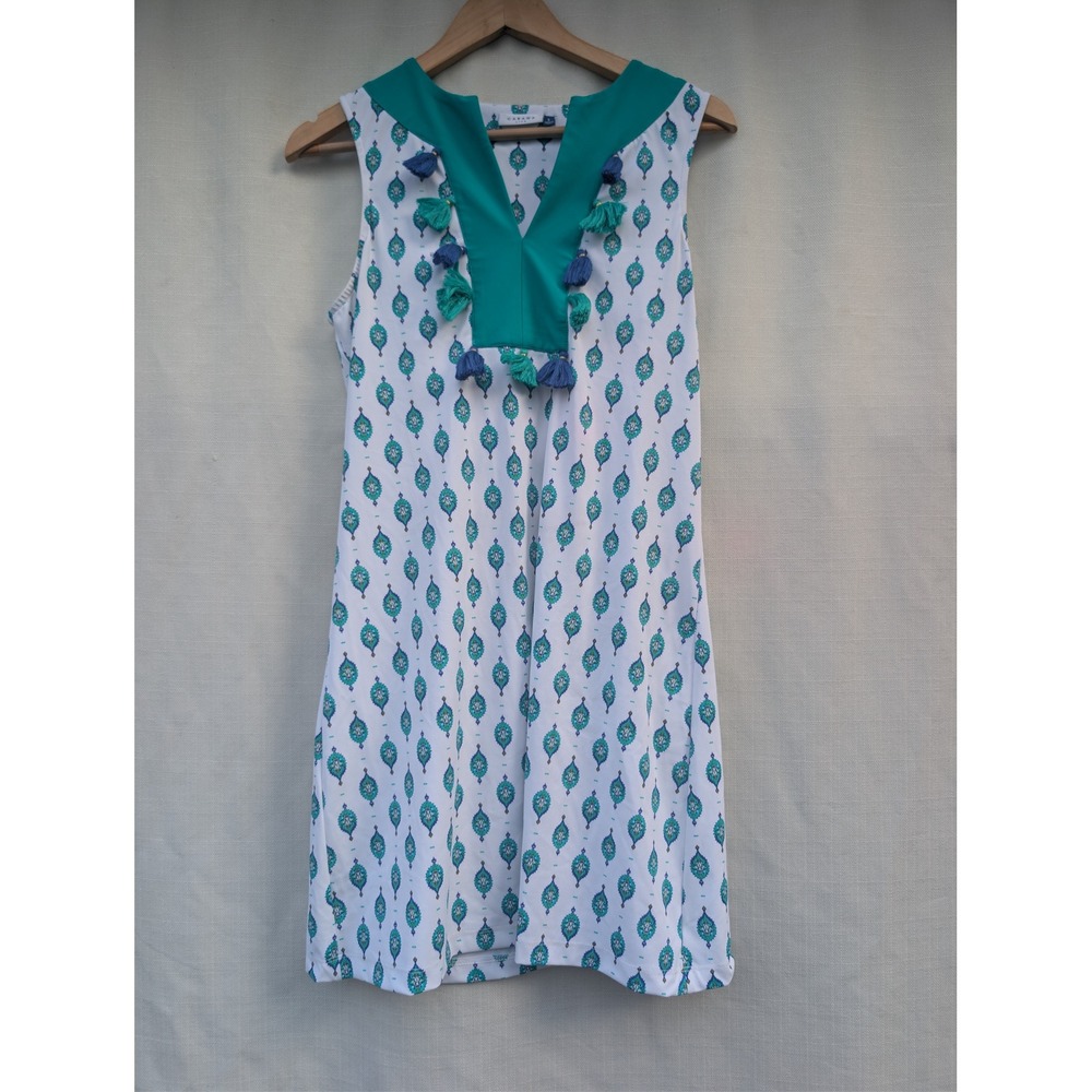 Cabana Life UPF 50 Dress S Teal White Medallion Sleeveless Tassel Swim Coverup